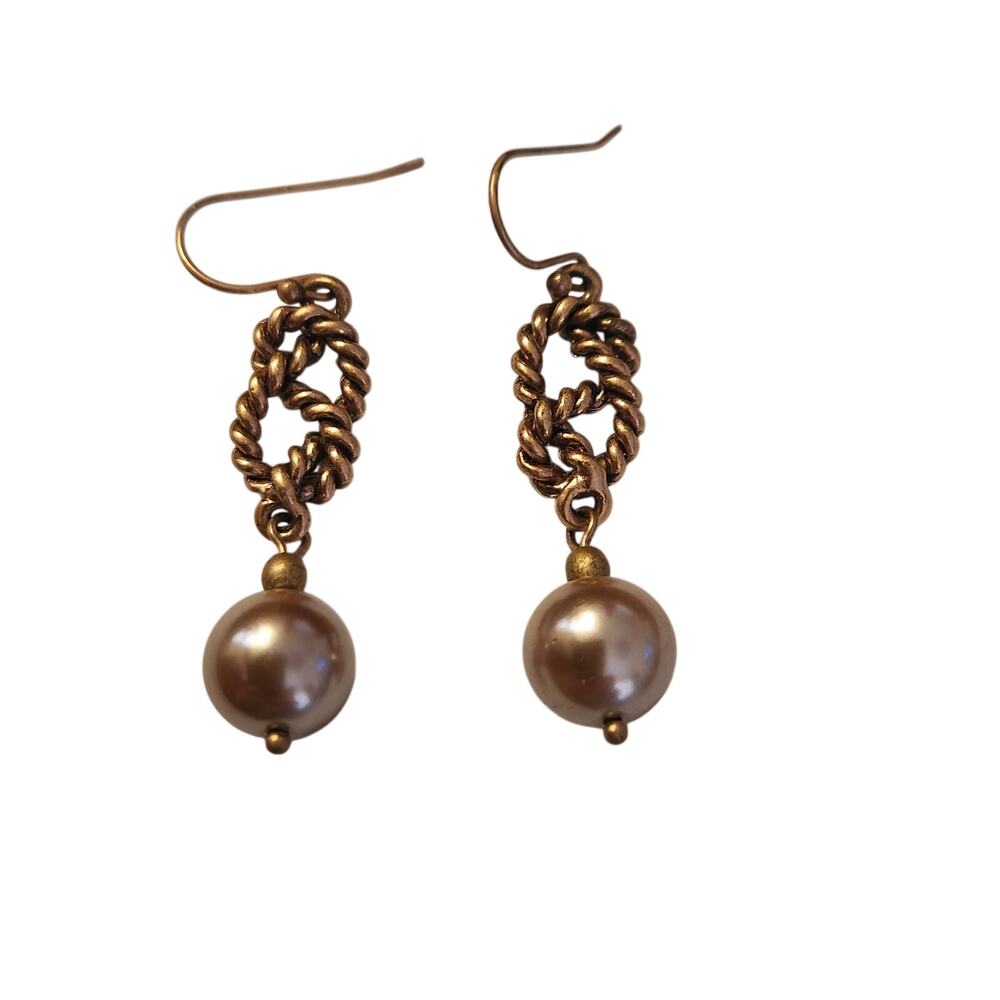 Vintage Faux Pearl Dangle Earrings Gold Tone Twisted Rope Design